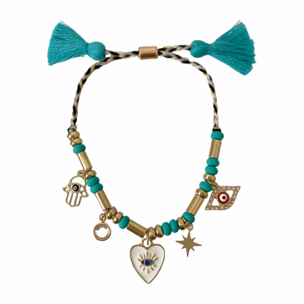 DRAW STRING EVIL EYE & CHARMS & COTTON THREAD BRACELET - TURQUOISE