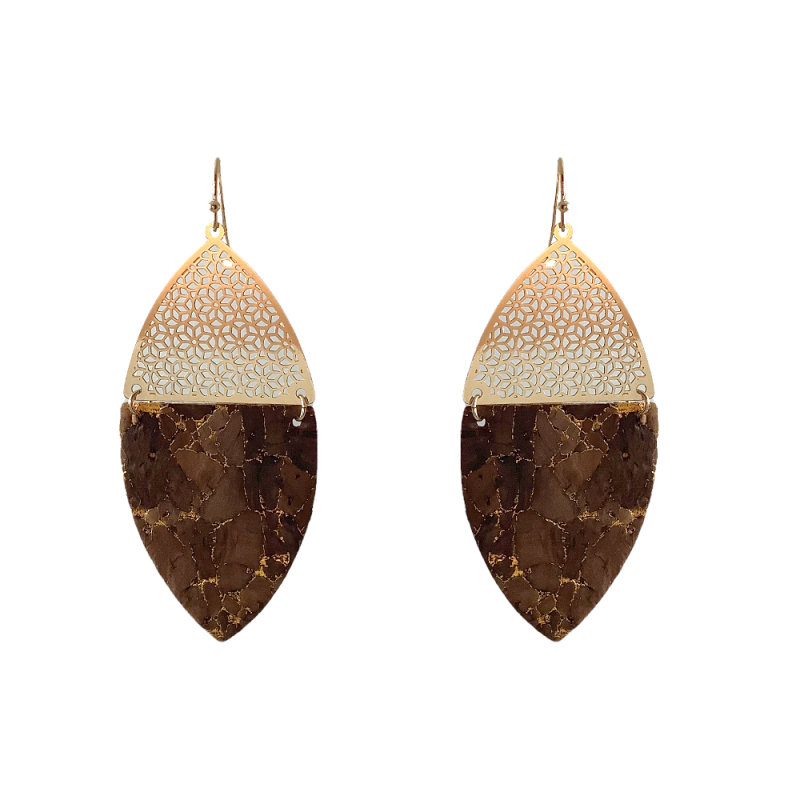 FILIGREE HALF CORK MARQUIS EARRINGS - BROWN