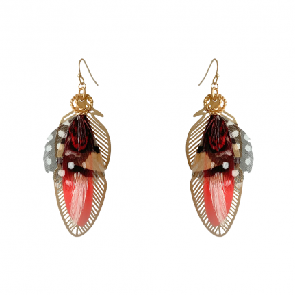 FEATHER & FILIGREE LEAF DROP EARRINGS -  RED