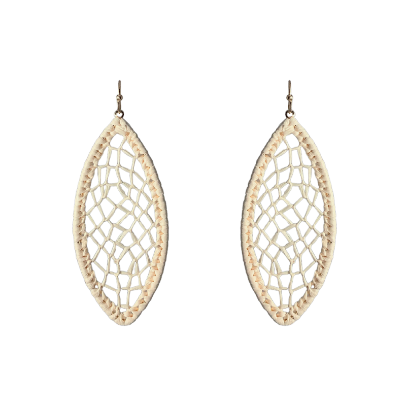 RAFFIA WRAPPED & WOVEN DETAIL HOOP EARRINGS - IVORY
