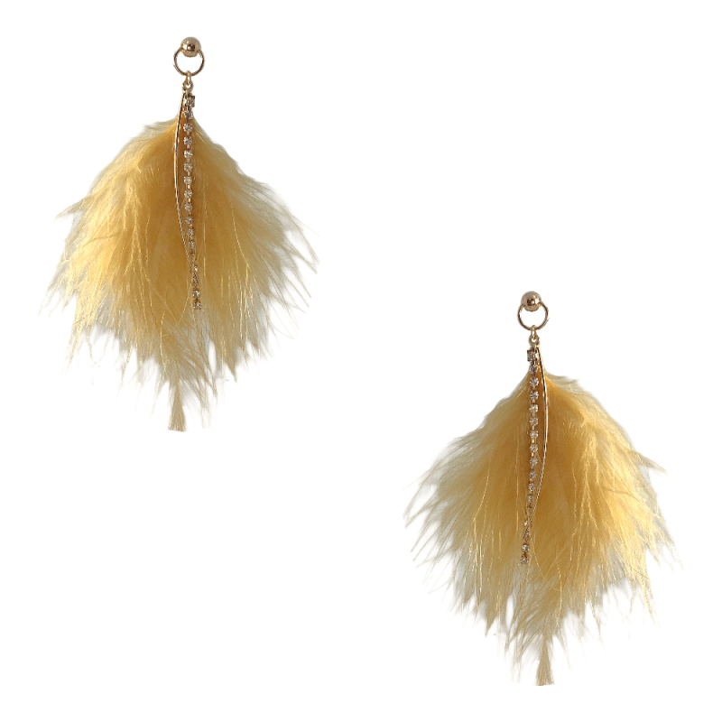 FEATHER DROP EARRINGS & CUBIC ZIRCONIA & CURVET BAR DETAIL - MUSTARD YELLOW