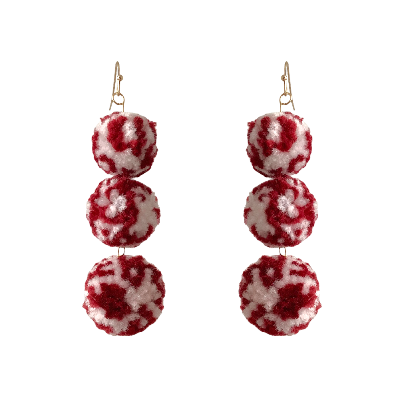 POMPOM THREE TIERED DROP EARRINGS - BURGUNDY & WHITE