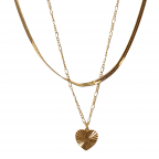 LAYERED TEXTURED HEART PENDANT SNAKE & LINK CHAIN NECKLACE - GOLD 