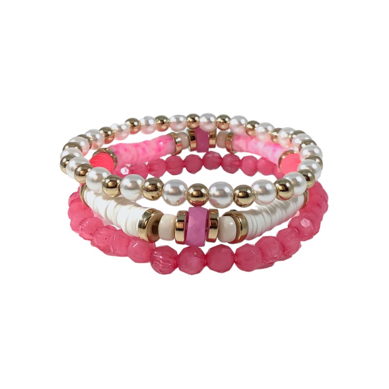 STRETCH HEISHI PEARL CRYSTAL BEADED BRACELET SET - PINK 