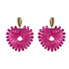 CRYSTAL AND RAFFIA HEART EARRINGS - HOT PINK