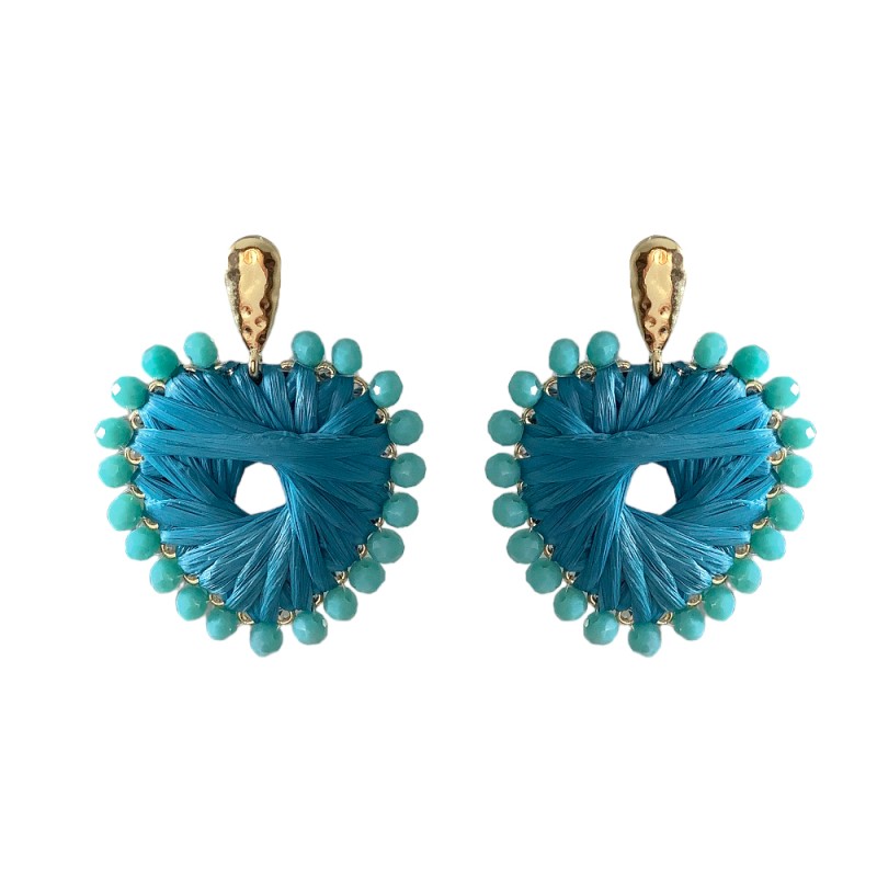 CRYSTAL AND RAFFIA HEART EARRINGS - BLUE 