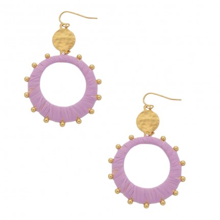 WRAPPED RAFFIA HAMMERED TOP HOOP EARRINGS - LAVENDER