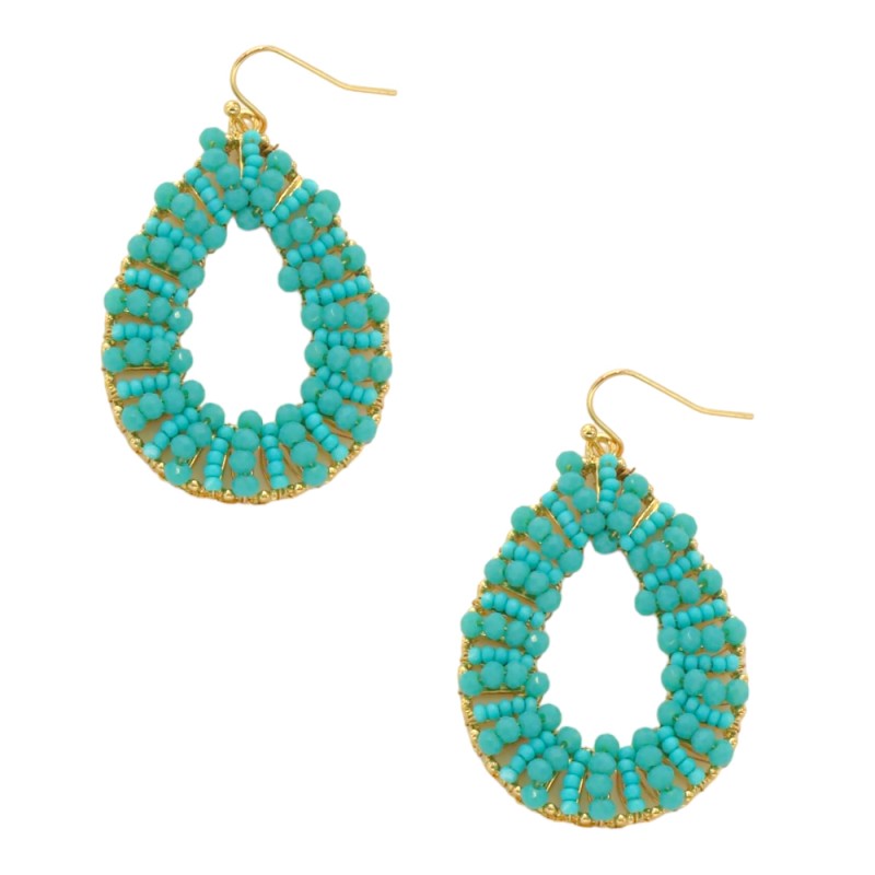 CRYSTAL BEADED TEARDROP HOOP EARRINGS - TURQUOISE