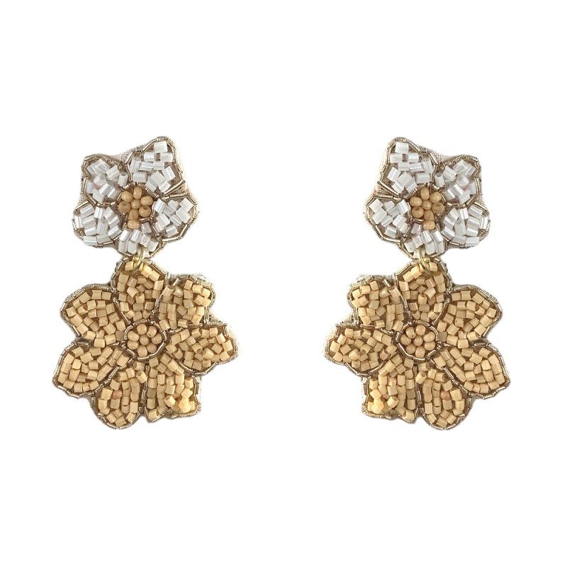 SEED BEAD DOUBLE FLOWER STATEMENT EARRINGS - IVORY
