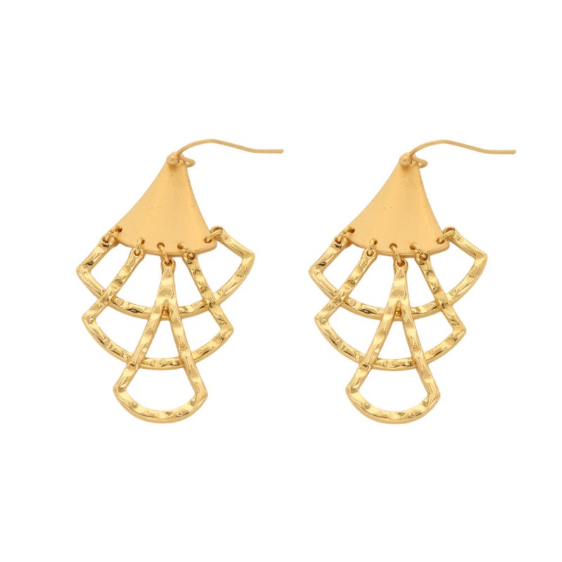 GOLD RETRO EARRINGS - 3 TIRED HAMMERED DROP DETAIL 