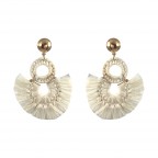 RAFFIA FRINGE BEADED DROP HOOP EARRINGS - IVORY