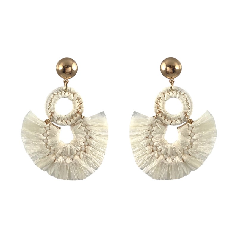 RAFFIA FRINGE BEADED DROP HOOP EARRINGS - IVORY