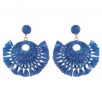 RAFFIA FRINGE HOOP EARRINGS - BLUE