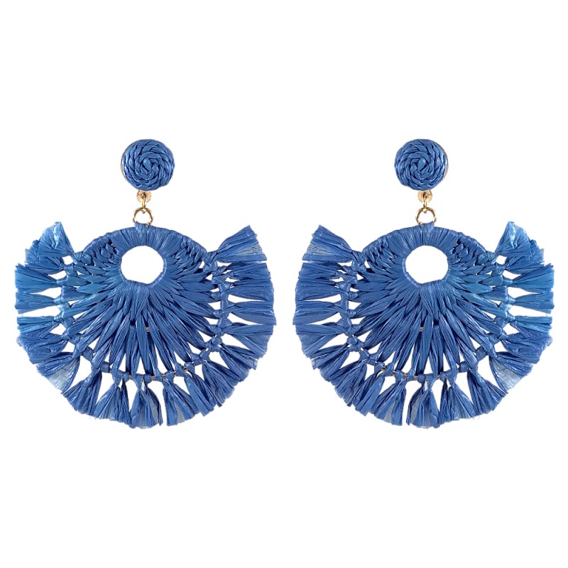 RAFFIA FRINGE HOOP EARRINGS - BLUE