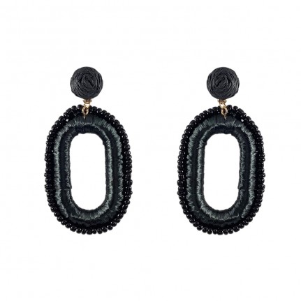 RAFFIA SEED BEADED DROP EARRINGS - BLACK