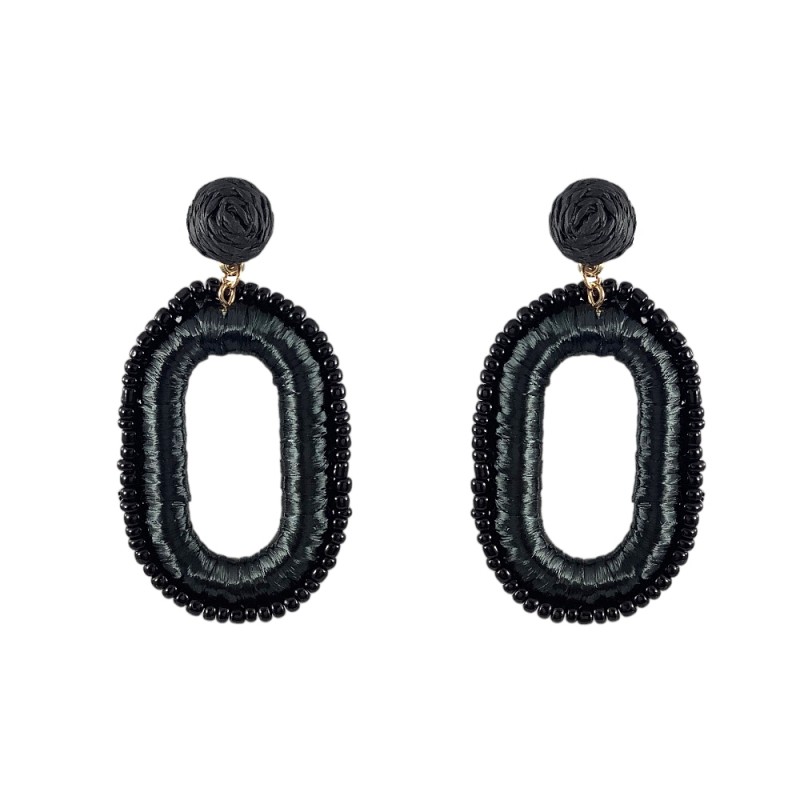 RAFFIA SEED BEADED DROP EARRINGS - BLACK