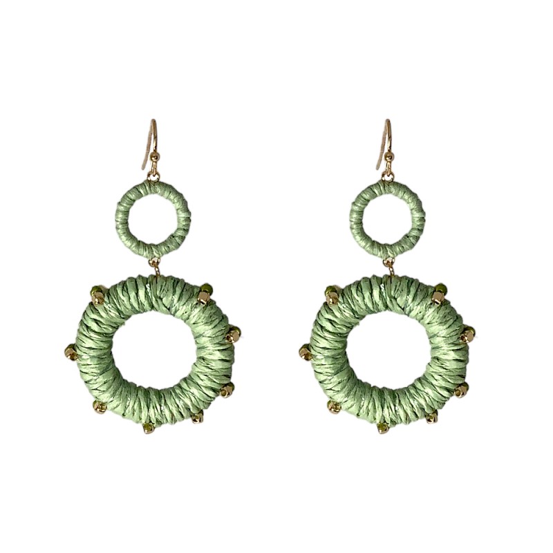RAFFIA ROPE  WRAP HOOP GOLD BEAD EARRINGS - MOSS