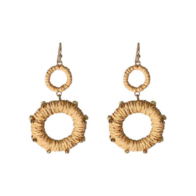 RAFFIA ROPE  WRAP HOOP BEADED EARRINGS - BEIGE