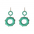 RAFFIA ROPE  WRAP HOOP BEADED EARRINGS - TEAL 