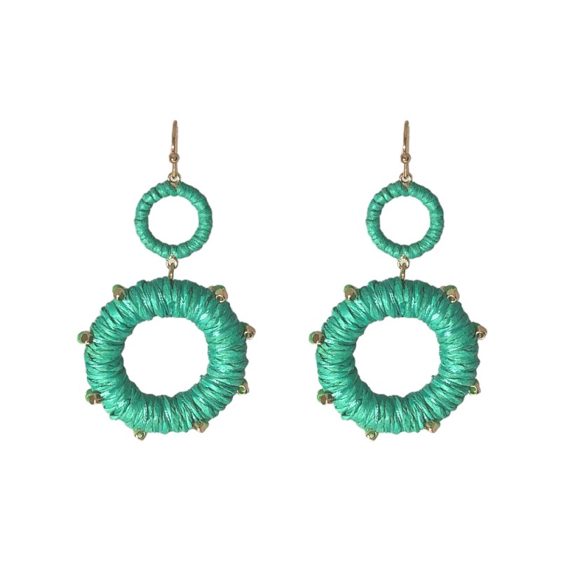 RAFFIA ROPE  WRAP HOOP BEADED EARRINGS - TEAL 