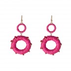RAFFIA ROPE  WRAP HOOP BEADED EARRINGS - HOT PINK