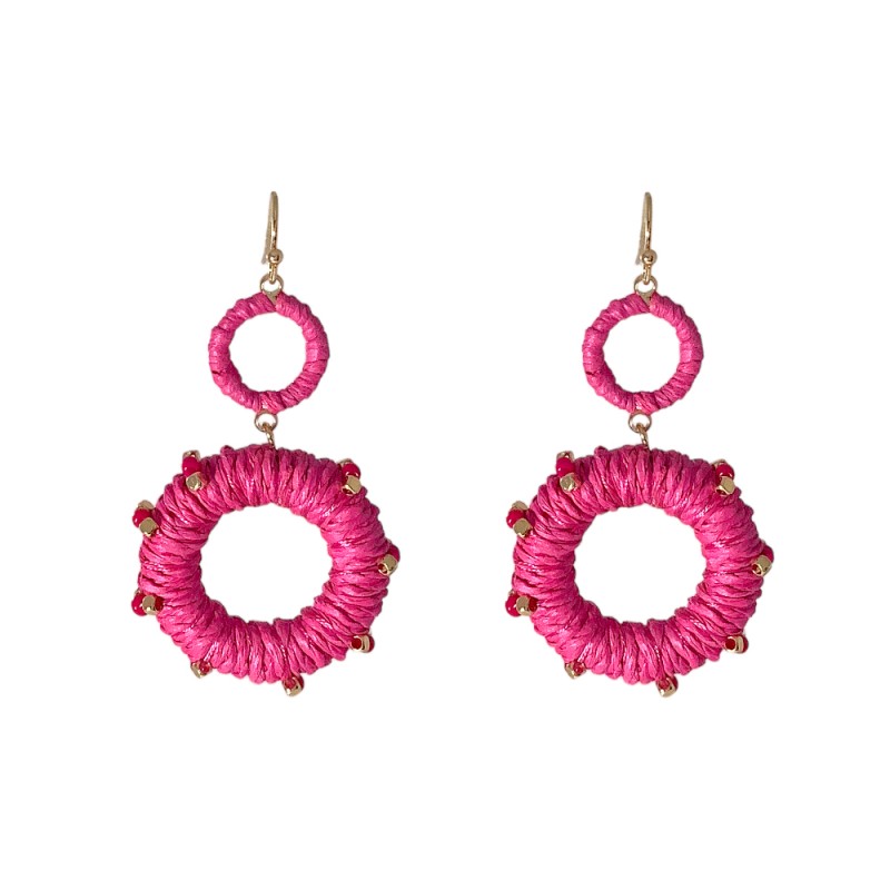 RAFFIA ROPE  WRAP HOOP BEADED EARRINGS - HOT PINK