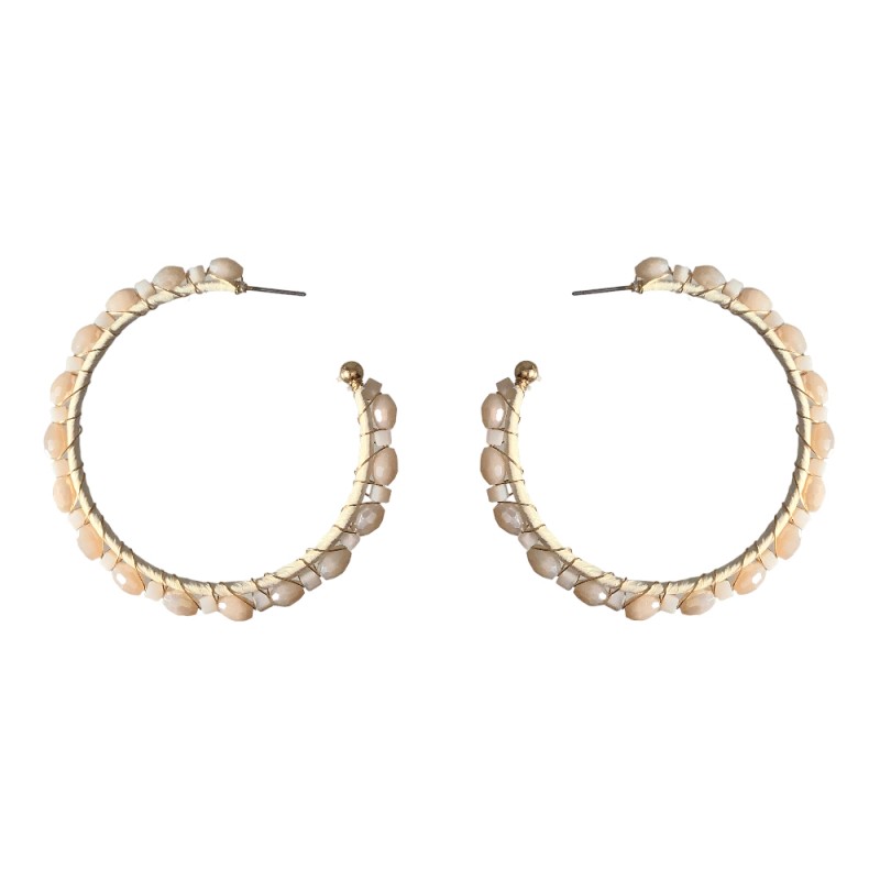 CRYSTAL BEADED RAFFIA WRAPPED HOOP EARRINGS - IVORY