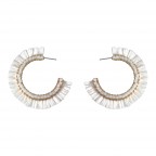 RAFFIA FRINGE CRYSTAL BEADED HOOP EARRINGS - WHITE