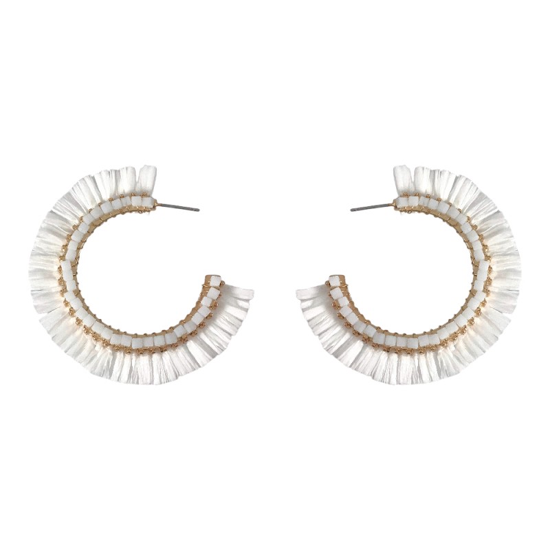 RAFFIA FRINGE CRYSTAL BEADED HOOP EARRINGS - WHITE