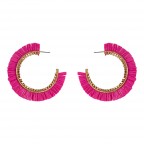RAFFIA FRINGE GOLD BEADED HOOP EARRINGS - HOT PINK 