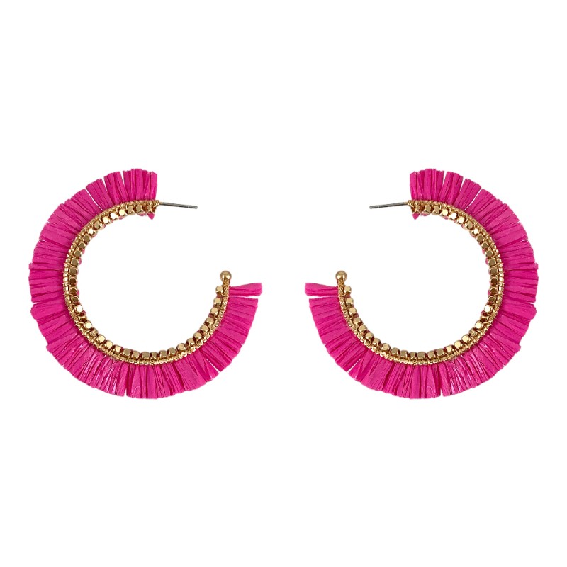 RAFFIA FRINGE GOLD BEADED HOOP EARRINGS - HOT PINK 