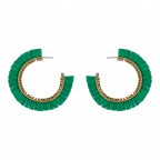 RAFFIA FRINGE GOLD BEADED HOOP EARRINGS - GREEN 