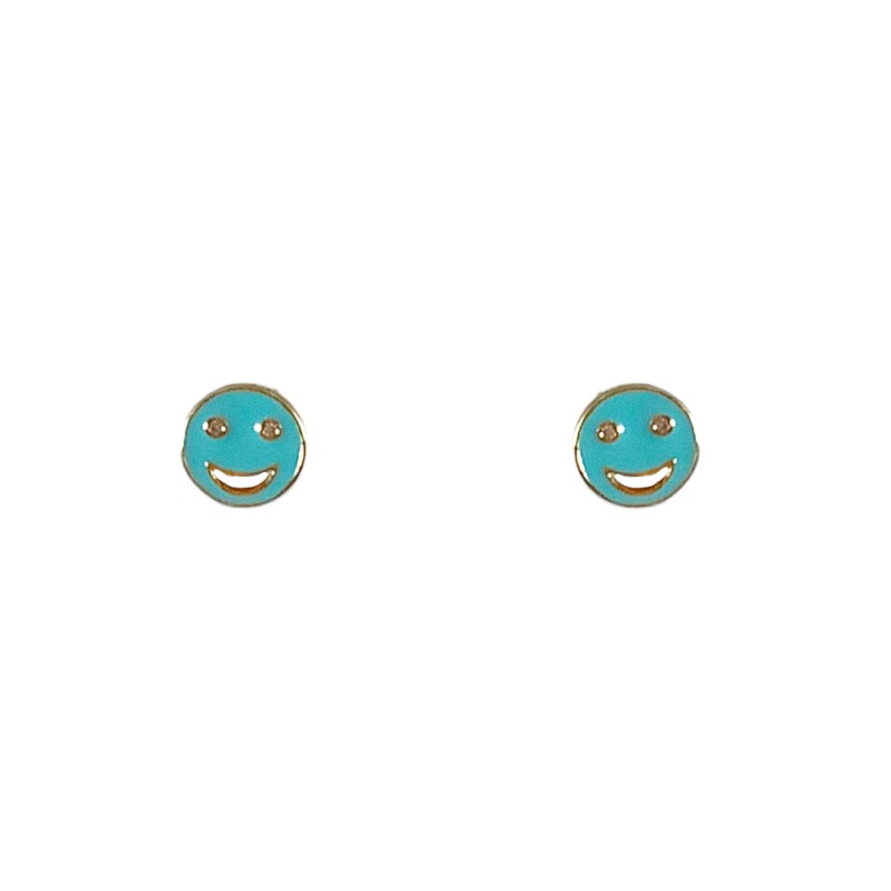 GOLD DIPPED MINI STUD EARRING - ENAMEL SMILEY FACE AND CUBIC ZIRCONIA TURQUOISE