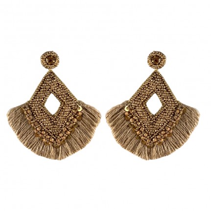 BEADED STATEMENT HOOP EARRINGS - BEIGE 