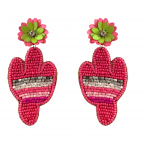 RETRO SEED BEAD CACTUS STATEMENT EARRINGS - HOT PINK 