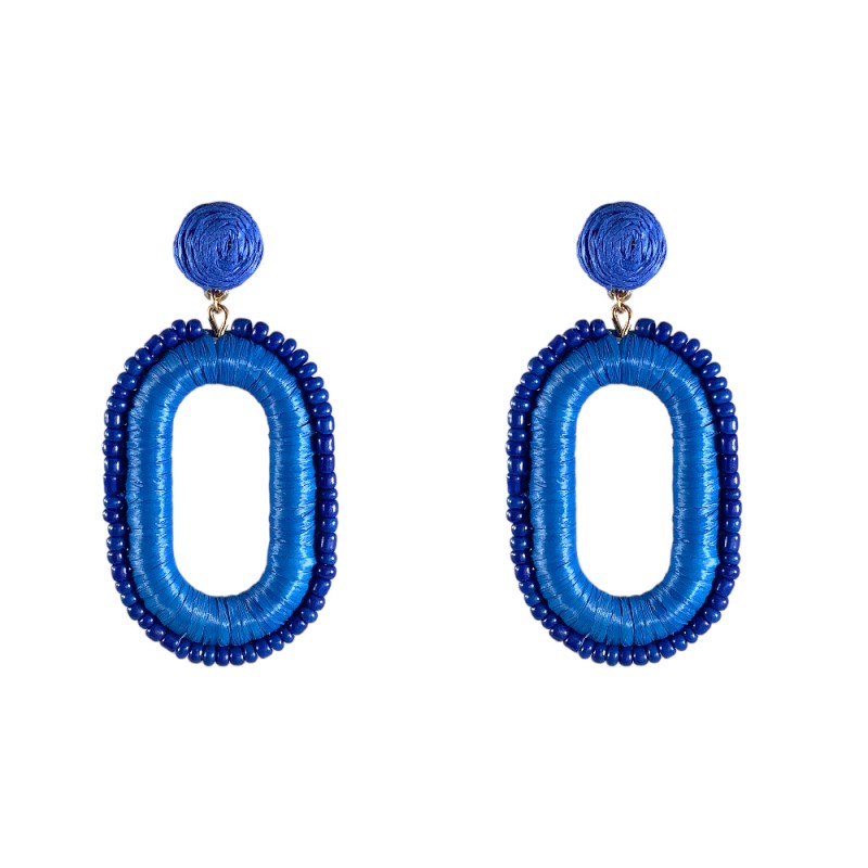 RAFFIA SEED BEADED DROP EARRINGS - BLUE