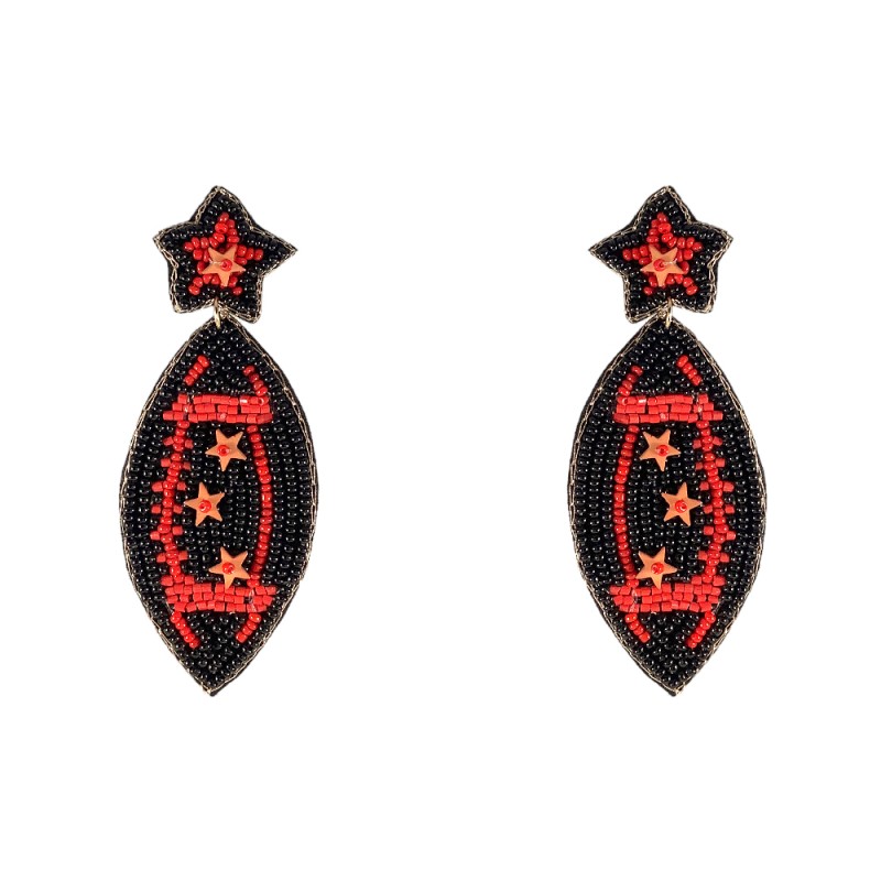 NOVELTY BEADED EARRINGS - FOOTBALL RED AND BLACK 
