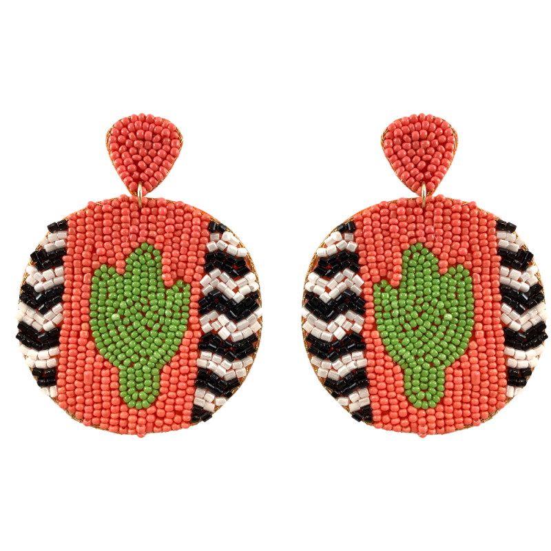 STATEMENT RETRO CIRCLE SEED BEAD EARRINGS - CACTUS & CORAL
