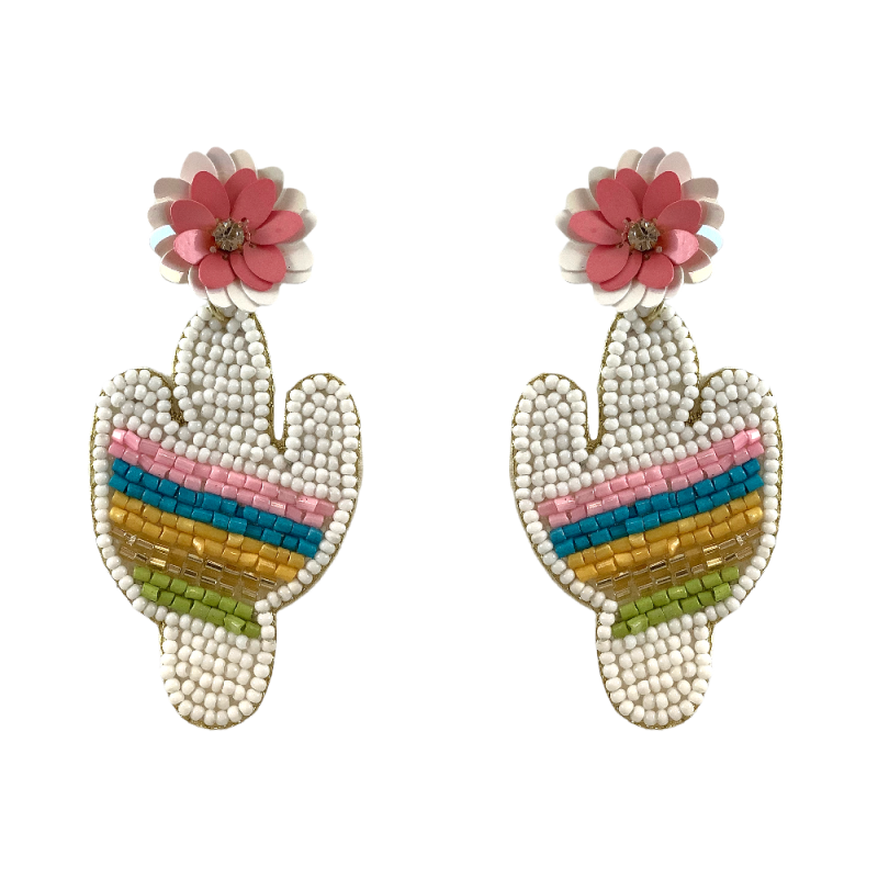 STATEMENT CACTUS & FLOWER SEED BEAD EARRINGS - WHITE