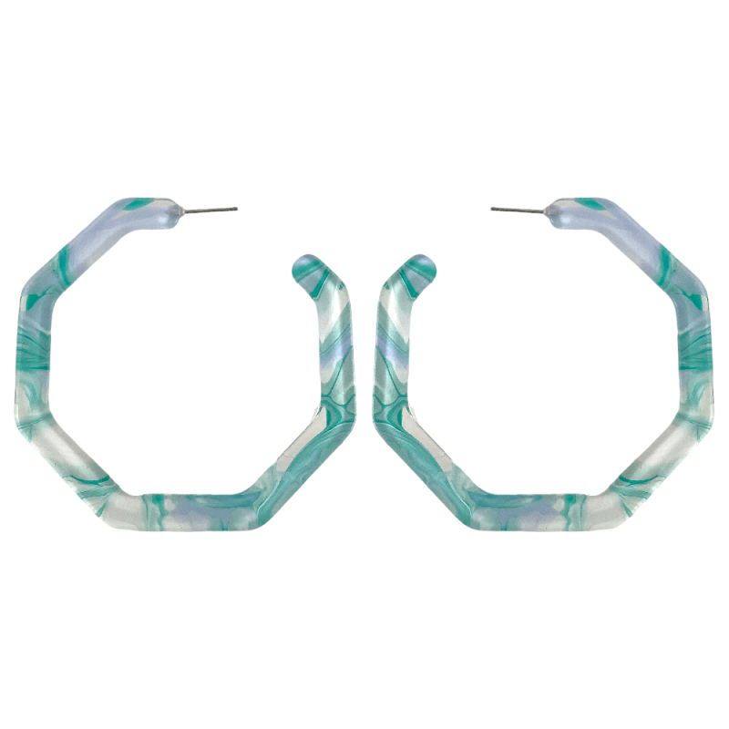 RETRO OPEN OCTAGON ACRYLIC HOOP EARRINGS - TURQUOISE