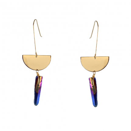 HALF CIRCLE DROP DRUSY QUARTZ STICK EARRINGS - RAINBOW