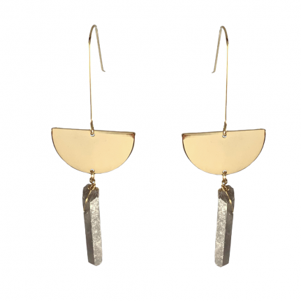 HALF CIRCLE DROP DRUSY QUARTZ STICK EARRINGS - SILVER