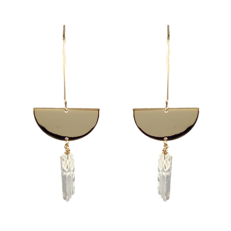 HALF CIRCLE DROP DRUSY QUARTZ STICK EARRINGS - CLEAR