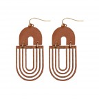 WOOD & GENUINE LEATHER OVAL EARRINGS - BROWN