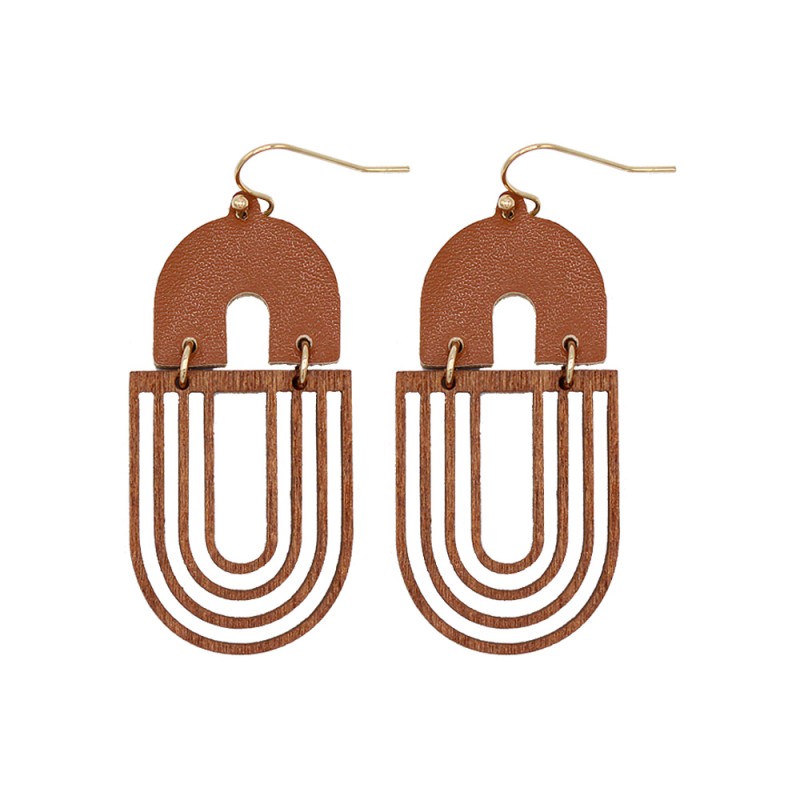 WOOD & GENUINE LEATHER OVAL EARRINGS - BROWN