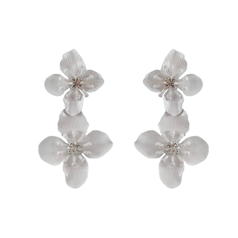 ENAMEL COATED DOUBLE FLOWER EARRINGS - WHITE