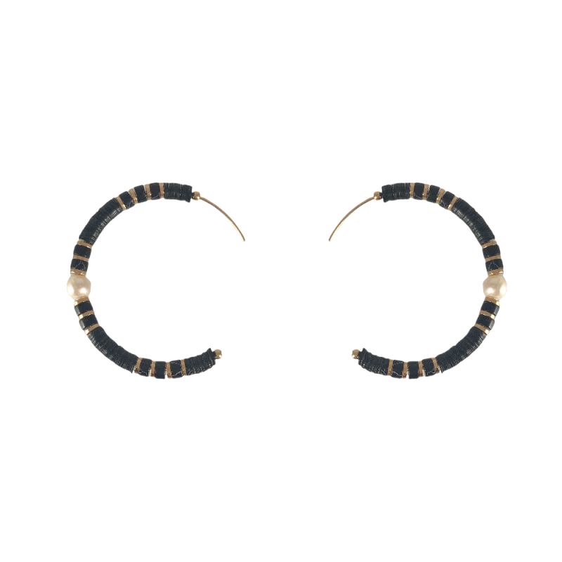 HEISHI BEAD & PEARL HOOPS - BLACK
