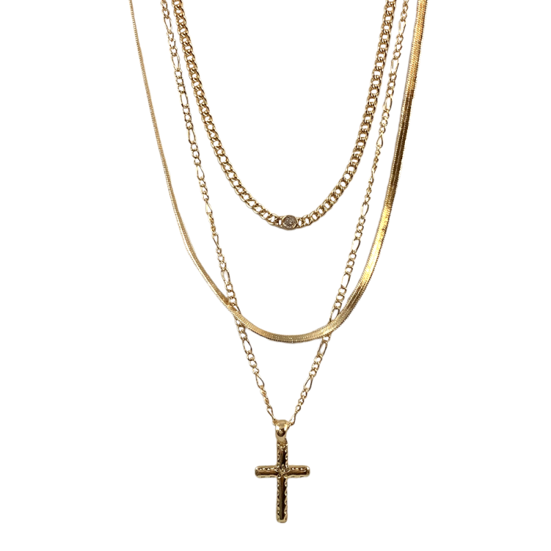 LAYERED CROSS PENDANT & CUBIC ZIRCONIA LINK NECKLACE  - GOLD 