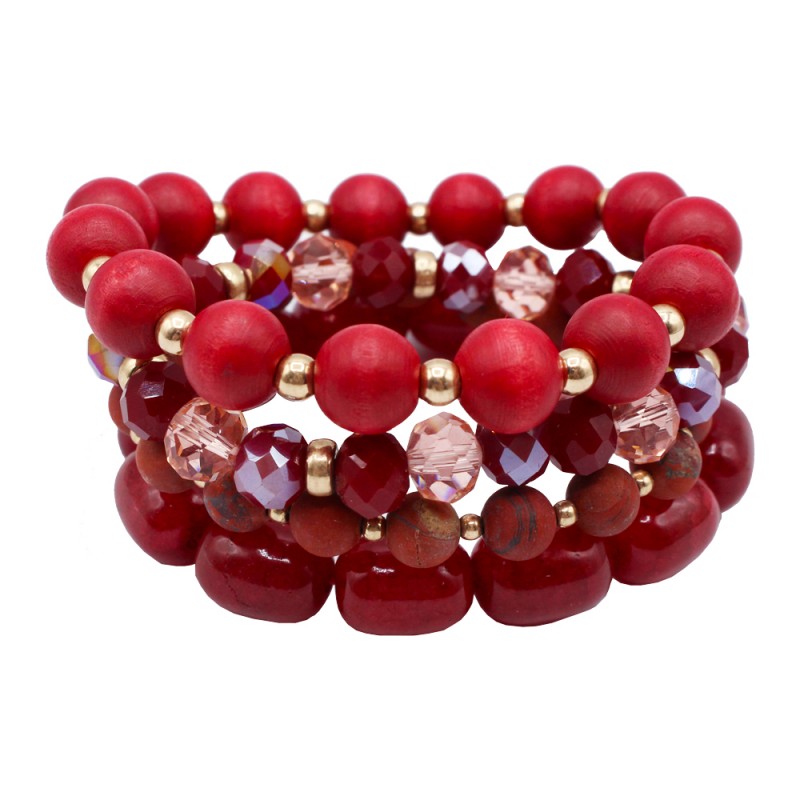 STRETCH WOOD & STONE BRACELET SET - RED