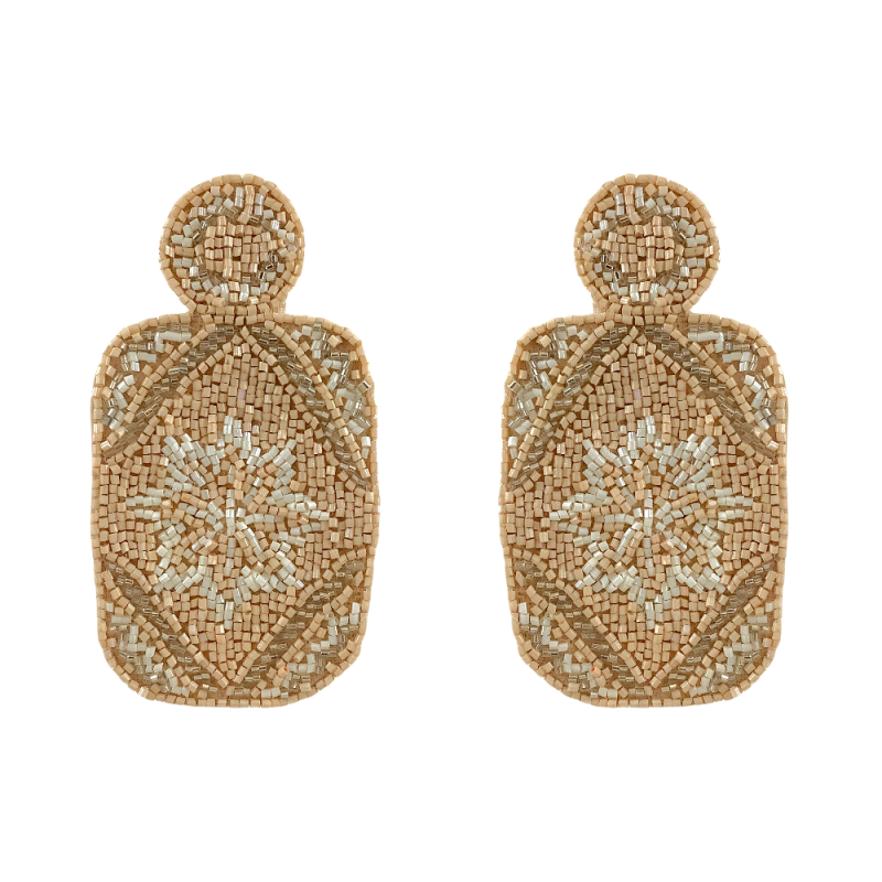 STATEMENT RETRO SEED BEAD RECTANGLE FLOWER EARRINGS - BEIGE